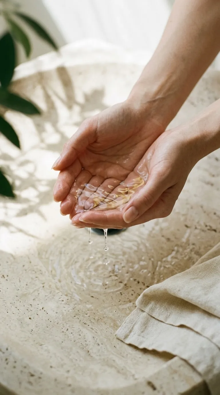 Hands cupping clear water above a travertine basin, a cream linen towel beside it.