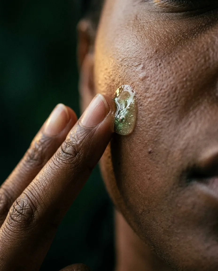 Fingertips pressing a dab of clear gel gently onto the cheek.