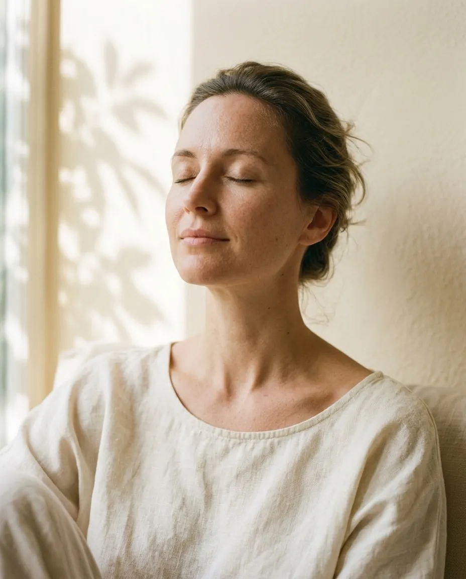 A woman with closed eyes breathing calmly in soft window light.
