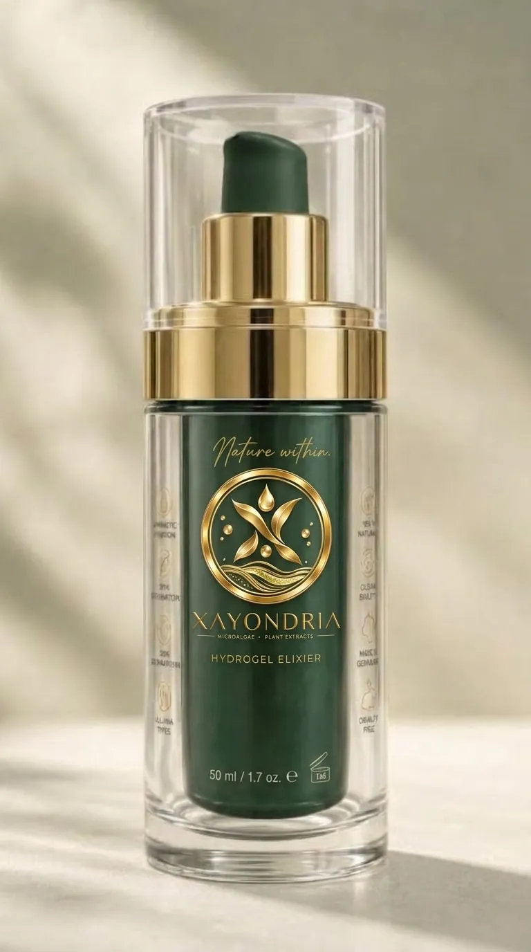 XAYONDRIA Microalgae Hydrogel, 50 ml, in warmem Licht mit Blattschatten (Vorschau).