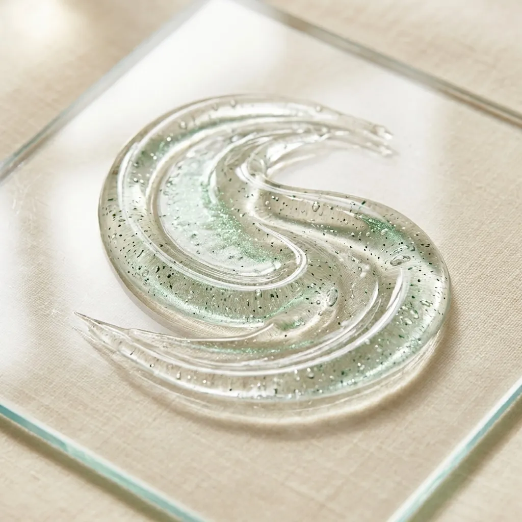 Ein Wirbel aus klarem Gel mit grünem Schimmer auf Glas.